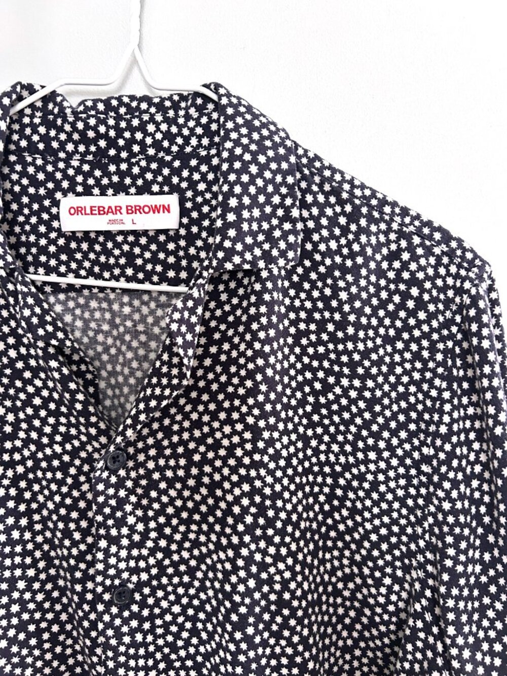 Orlebar Brown Mens L Star Print Linen Blend Resort Shirt Navy Geometric